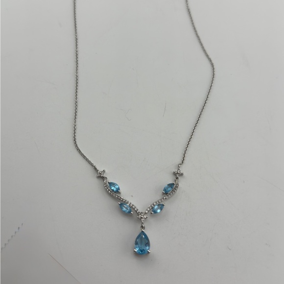 Blue Topaz & White Sapphire Tear Drop Necklace New - Picture 4 of 15